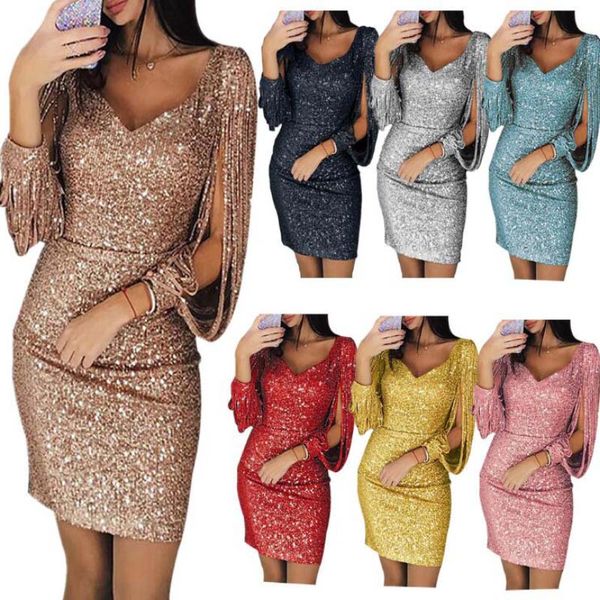 

2019 New Arrival Euro-American V-collar Sexy Dresses Bright Crystal Tassel Long Sleeve Slim Buttock One Piece Dress S-3XL