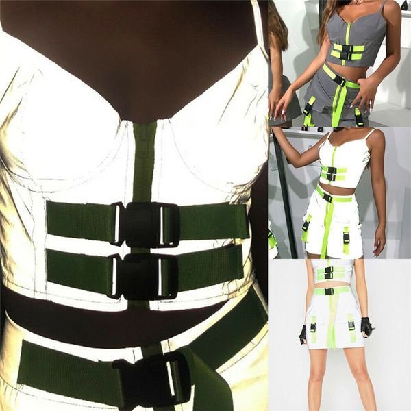 

2019 fashion women 2pcs women reflective tracksuit buckle patchwork v neck crop tank and skirt sets new arrival, White