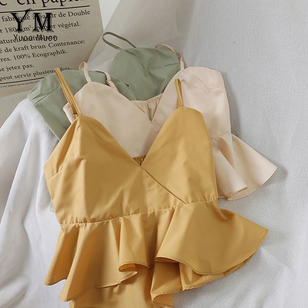 

yuoomuoo asymmetrical ruffle v neck spaghetti strap 2019 women backless ladies summer tank streetwear cami, White