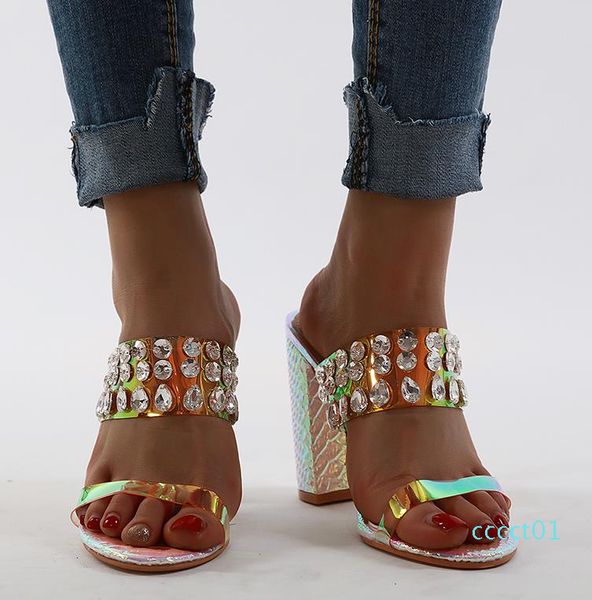

with box luxury shinny crystal beading rhinestone sandals block heel mules women designer heel slides 1ct, Black