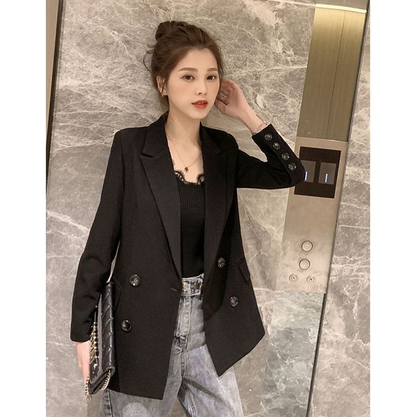 

ladies blazer 2019 fashion turn down collar blazer suits double breasted long sleeve solid color casual women's clothing, White;black