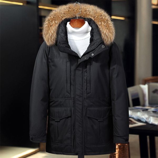 

middle and old aged winter new 80% white duck down jackets men warm coat parka thickening coat men for winter luxury fur hooded, Black