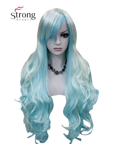 Women S Wigs Long Curly White Blue Cosplay Wig Synthetic Hair