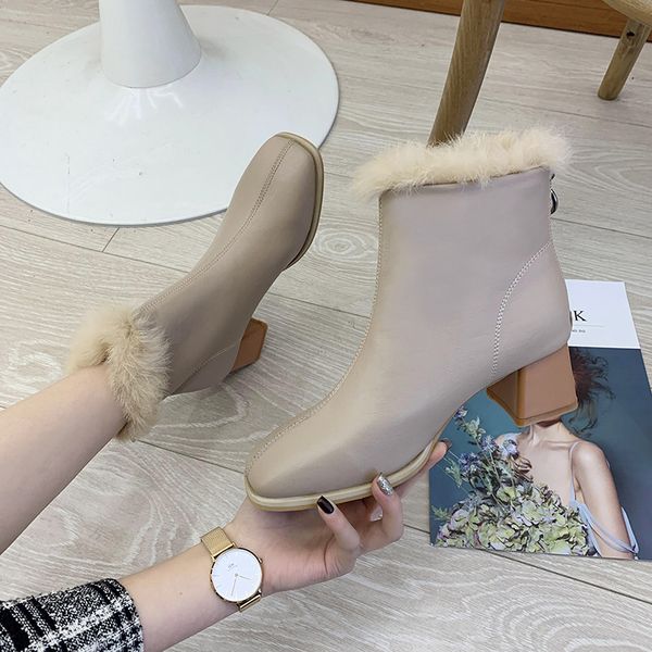 

zipper women's mid calf boots booties woman 2019 low heel shoes lace up winter footwear round toe luxury designer boots-women, Black