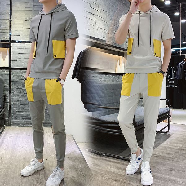 

men suit 2019 new pattern fashion short sleeve track male t pity student movement trend tracksuit streetwear gym ing, Gray
