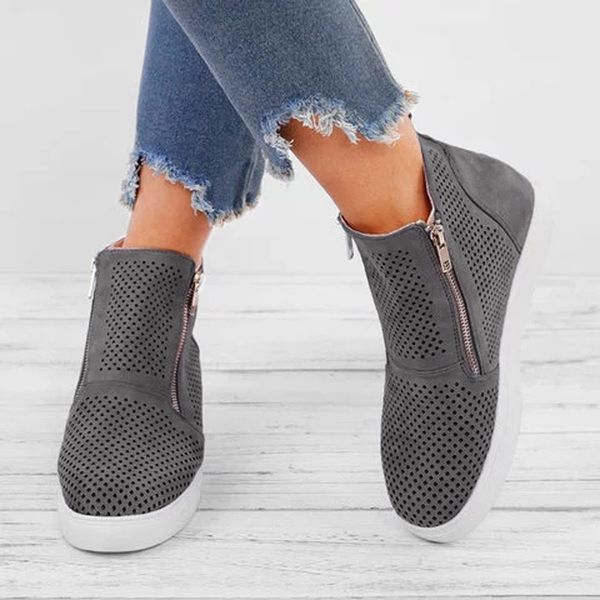 

boots women winter flat hollow boots 2019 antumn fashion wedges thick bottom zipper casual shoe cool boot female leisure booties, Black