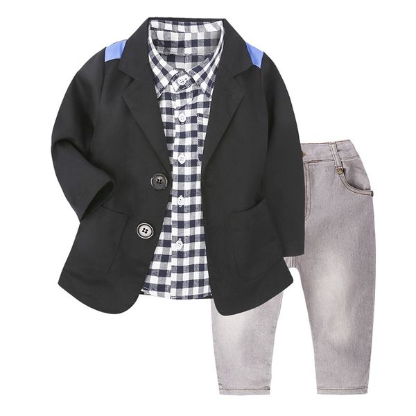

children little casual boys clothing sets autumn kids boy clothes set 3 pieces suits coat+plaid t-shirt+jeans boys clothing set, White
