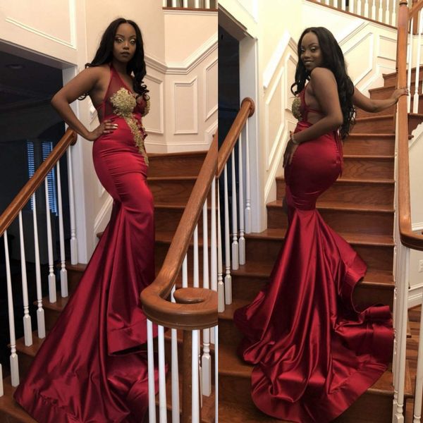 

темно-красный с золотыми аппликациями платья выпускного вечера русалки для черных девочек выпускные вечерние платья сплит v-образным вырезом, Black