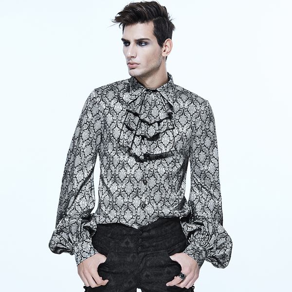 

devil fashion men steampunk retro shirt with tie spring autumn punk gothic style handsome party men blouse, White;black