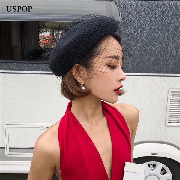 

uspop 2019 new spring hat solid color berets for women vintage mesh yarn berets fashion female breathable, Blue;gray