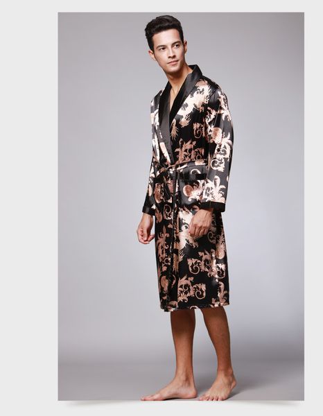 

wine bath robe dressing gown sleepwear men silk summer and autumn luxury kimono satin bathrobe print knee length long sleeve, Black;brown