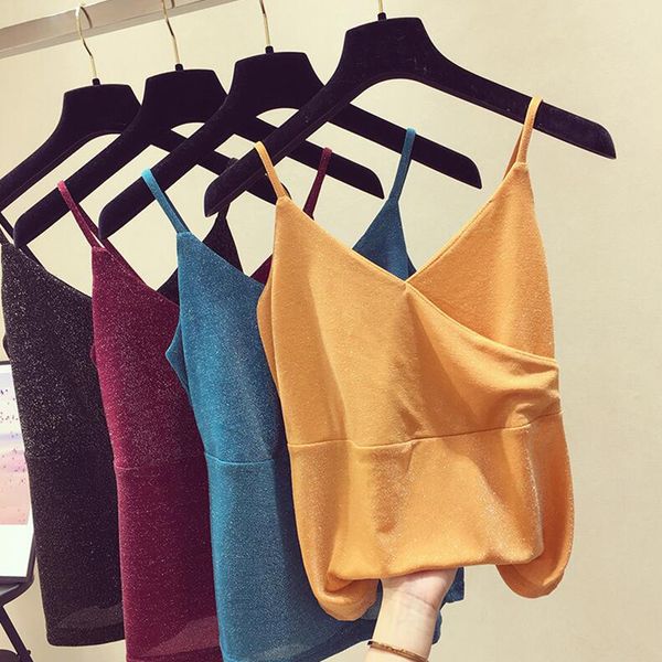 

woman summer bright silk knitting 2019 new sleeveless v-neck vest sling party korean lady slim bottoming shirt, White