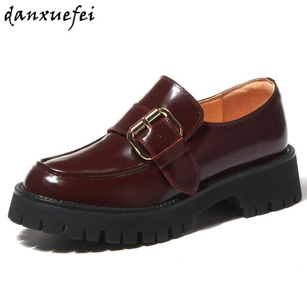 

women's genuine leather thick sole slip-on flats loafers leisure soft comfortable loafers round toe metal buckle casual shoes, Black