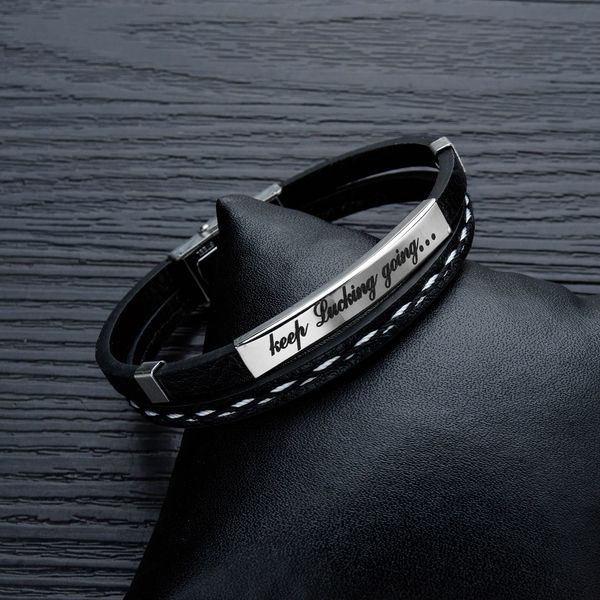 

fashion multi layer leather bracelets for men women inspirational bar bracelet bangles wristband stainless steel jewelry, Black