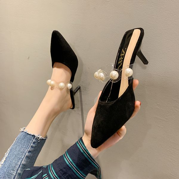 

female shoes slippers casual thin heels string bead med pointed toe heeled mules slides platform flock 2020 luxury high soft, Black