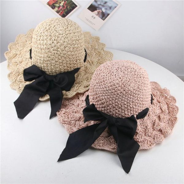 

sunscreen shade beach big bow sun hat straw children big straw hat edge folding sunshade beach sun hats caps sombrero mujer, Yellow