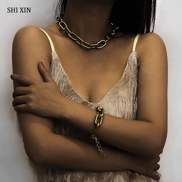 

shixin панк толстые кубинские цепи ожерелья / браслет для женщин старинные подвески коренастый колье воротник заявление ретро ювелирные набо, Silver