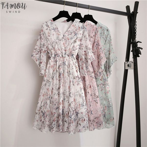 

2020 new summe fashion floral print chiffon dress v-neck short flare sleeves women office lady slim elegant dress with lining, Black;gray