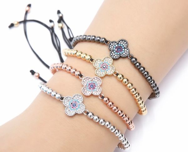 

gold silver micro pave cz cubic zirconia rope adjusted copper beads bracelet clover xr432 charm braided bangles women, Black