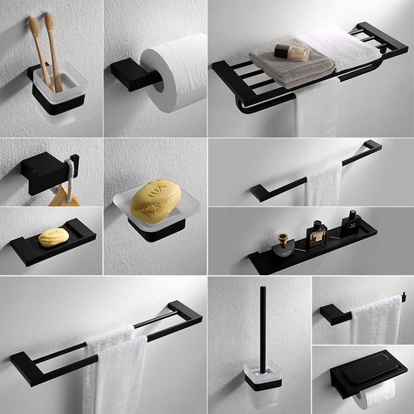 

bathroom accessories black finish modern style bath hardware hanger set package towel rack bar brush paper holder shelf hook