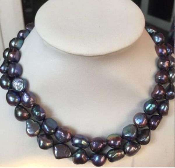 

double strands 12-13mm green tahitian peacock pearl necklace 18 ", Silver