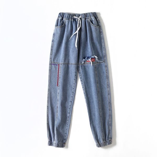 

harajuku denim jeans woman casual elastic waist loose beam foot harem pants embroidery nine denim jeans, Blue