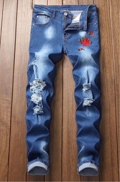 

blue ripped jeans with embroidery men with flowers rose embroidered men's denim jeans stretch skinny jeans pants