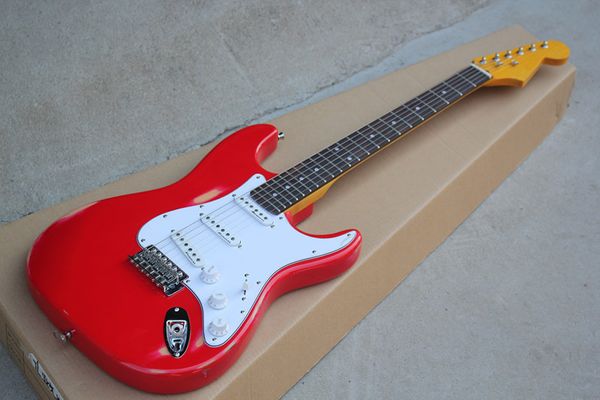 Die Fabrik verkauft rote Retro-E-Gitarre, weißes Schutzbrett und Griffbrett aus Rosenholz, SSS-Tonabnehmer, bietet individuelle Anpassung.