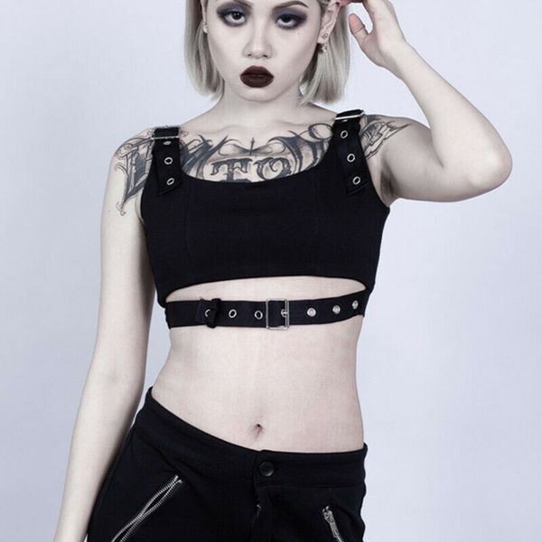 

women swag girls rock style gothic crop tank streetwear black short tanks vests metal buckle vest camisole women, White