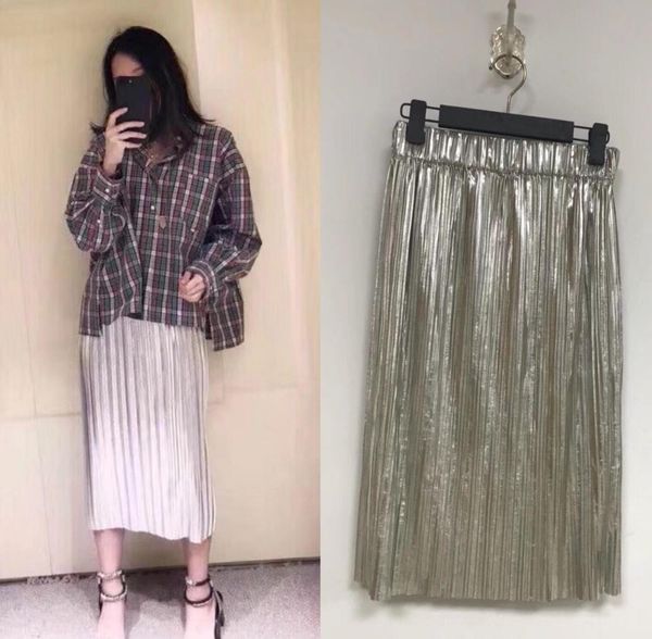 

pleated sequined organ mini skirt pleated metallic skirt elasticized midi waist skirt, Black;gray