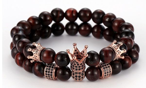 

8mm 2pcs/set thy2 elastic adjusted nature red tigereye bead micro pave cz zircon cubic zirconia macrame charm crown bracelet, Golden;silver