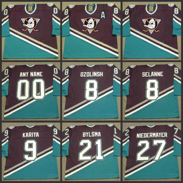 

8 sandis ozolinsh 8 teemu selanne 9 paul kariya 21 corey perry 27 scott niedermayer 1990's ccm jersey, Black;red