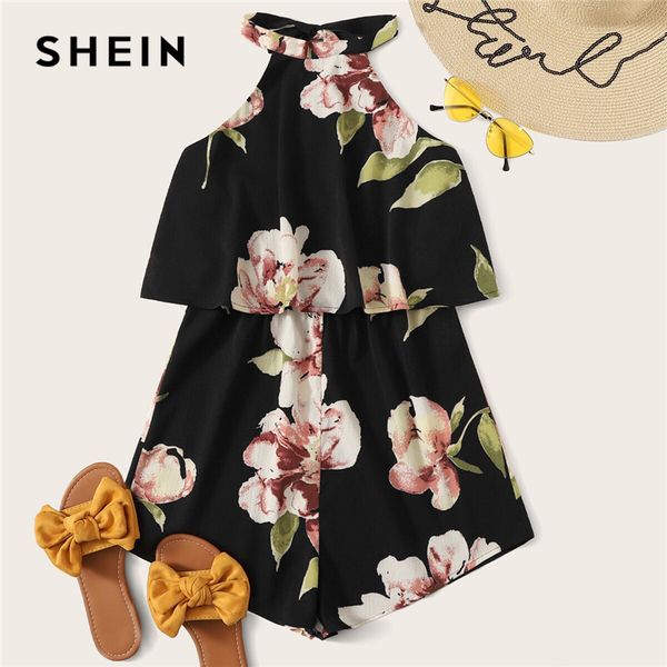 

shein black floral print backless ruffle layered halter romper women sleeveless tie back wide leg summer playsuit boho rompers, Black;white