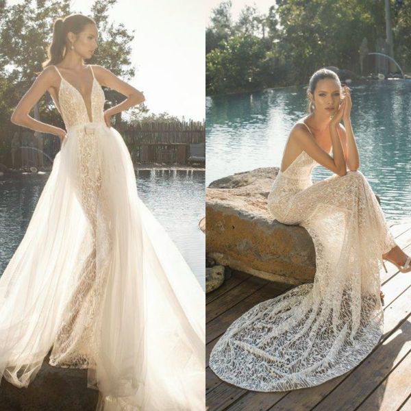 

julie vino mermaid wedding dresses with tulle overskirt spaghetti straps lace bridal gowns 2020 illusion vestido de novia, White