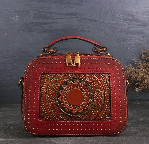 

european and american trend new leather handbags retro first layer cowhide women's handbags totem embossed shoulder oblique cross handb