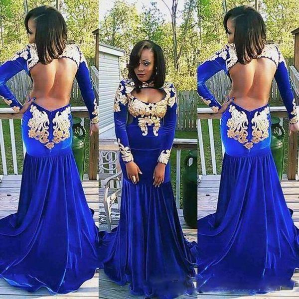

royal blue open back prom dresses south african gold lace appliques long sleeves evening gowns velvet sweep train cocktail party dress, Black