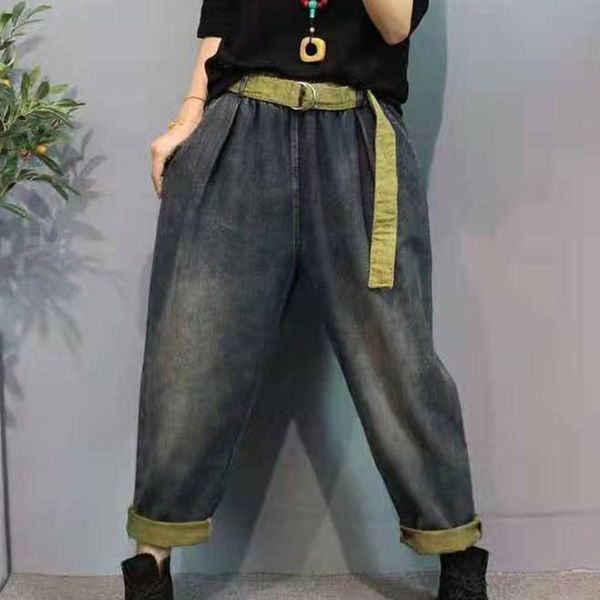 

cotton denim 2019 autumn new retro literary simple loose denim ribbon harem pants trousers, Blue