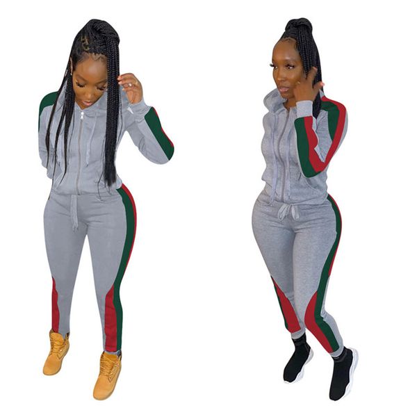 

women patchwork striped outfits zipper jackets pants tracksuit spring hooded coat trousers 2 piece clothing set jogger suit 2020 e22003, White