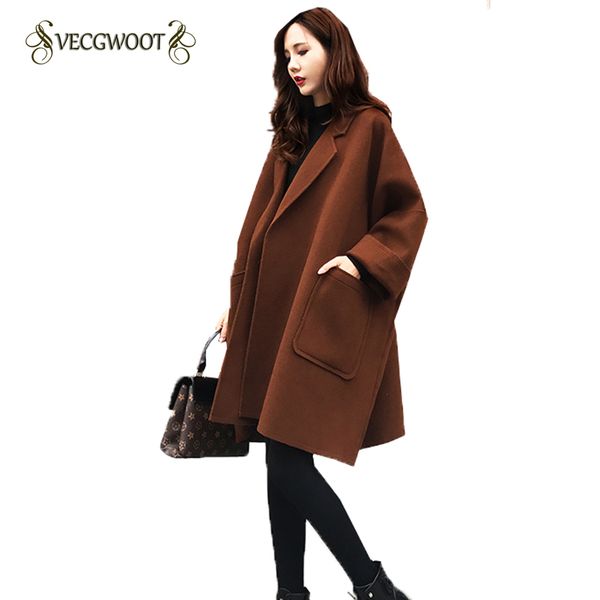 

women's wool & blends 2021 winter jacket loose large size long woolen coat cocoon caramel color simple female outwear s-2xl wyt546, Black
