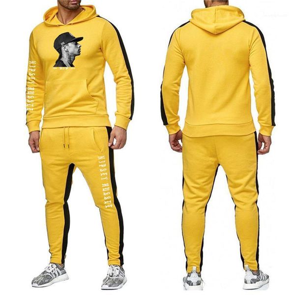 

hussle mens 2pcs designer tracksuits striped printed long sleeve hooded two pieces sports sets male clothing nipsey, Gray