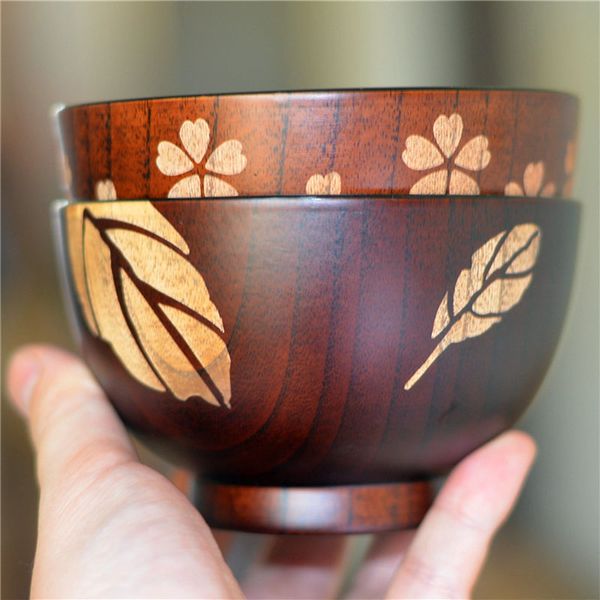 

japanese style wooden bowl sakura leaves pattern noodle rice bowls children soup bowls natural wood tableware