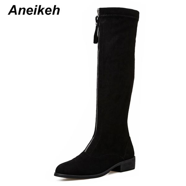 

aneikeh 2019 concise flock knee-high boots round toe solid zip women's boots daily dance high heel shoe shallow black size 35-39