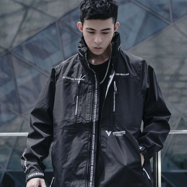 

croxx techwear lightweight stow hood jacket wind jacket letters graphic streetwear fashion, Tan;black