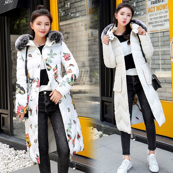 

зима обе стороны wear печати ветровки утолщение верхняя одежда пальто с капюшоном вниз куртка хлопка женщины +2018 большой меховой воротник, Black