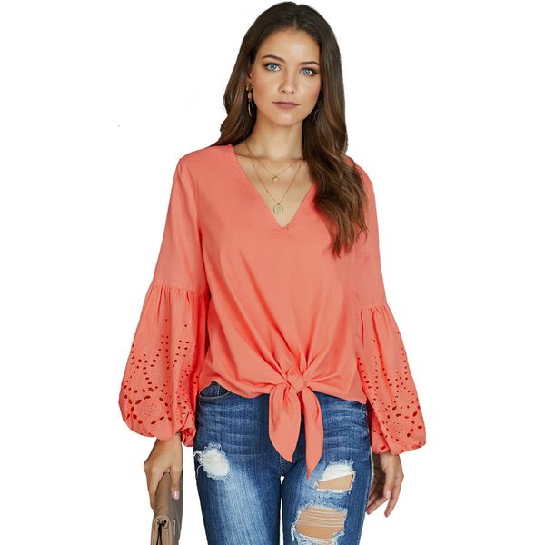 

ying women's shi wear shirt 2019 pure color v collar long sleeves easy tie jacket 252264, Red;white