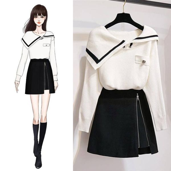

women 2020 autumn winter doll collar long sleeve chic knitted sweaters +zippers high waist mini skirts 2 pieces sets t275, White