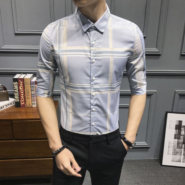 

2020 men shirt short sleeve plaid slim sit streetwear social dress shirts mens business casual blouse men clothing chemise homme, White;black