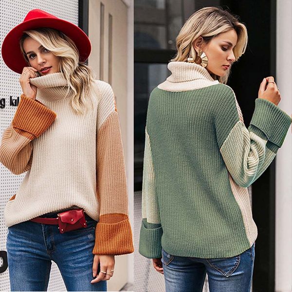 

women knitting pullover casual colour stitching long sleeve high collar sweater slim plus size long pullovers knitting jumper, White;black