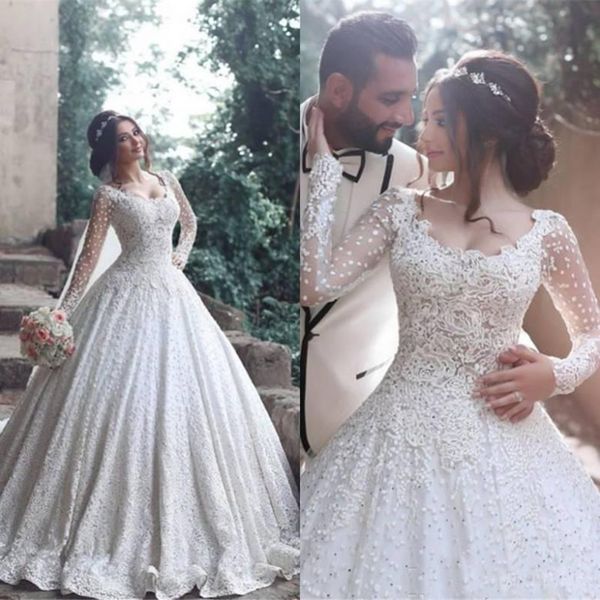 

Luxury Lace Appliques Ball Gown Wedding Dresses with Long Sleeves Romantic Beaded Wedding Bridal Gowns Customized