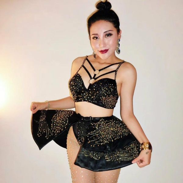 

black two piece set female singer dj costume jazz dance performance outfit sparkly rhinestones crystals bikini stage wear, Black;red